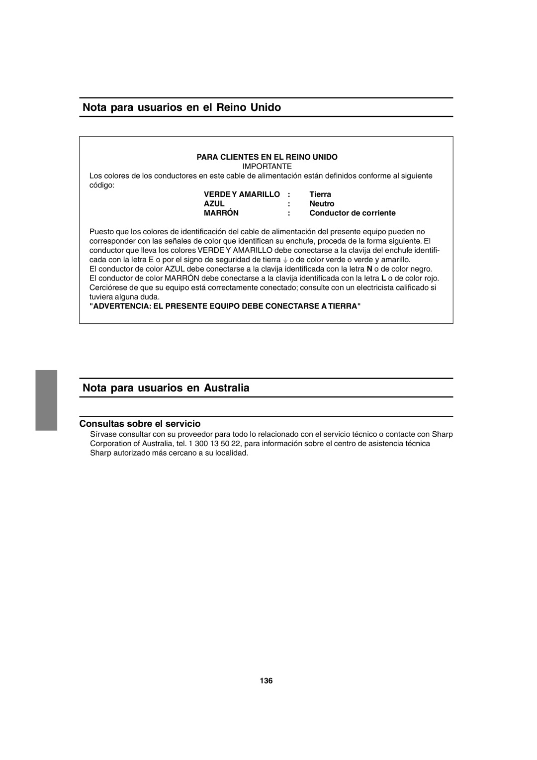 Sharp LL-T1820-B Nota para usuarios en el Reino Unido, Nota para usuarios en Australia, Consultas sobre el servicio 