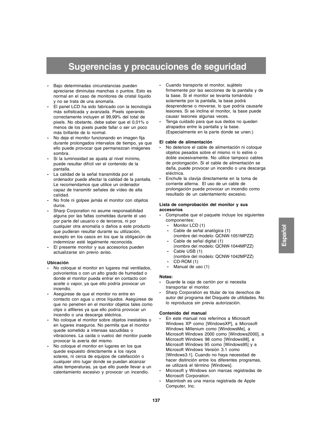 Sharp LL-T1820-B operation manual Sugerencias y precauciones de seguridad 