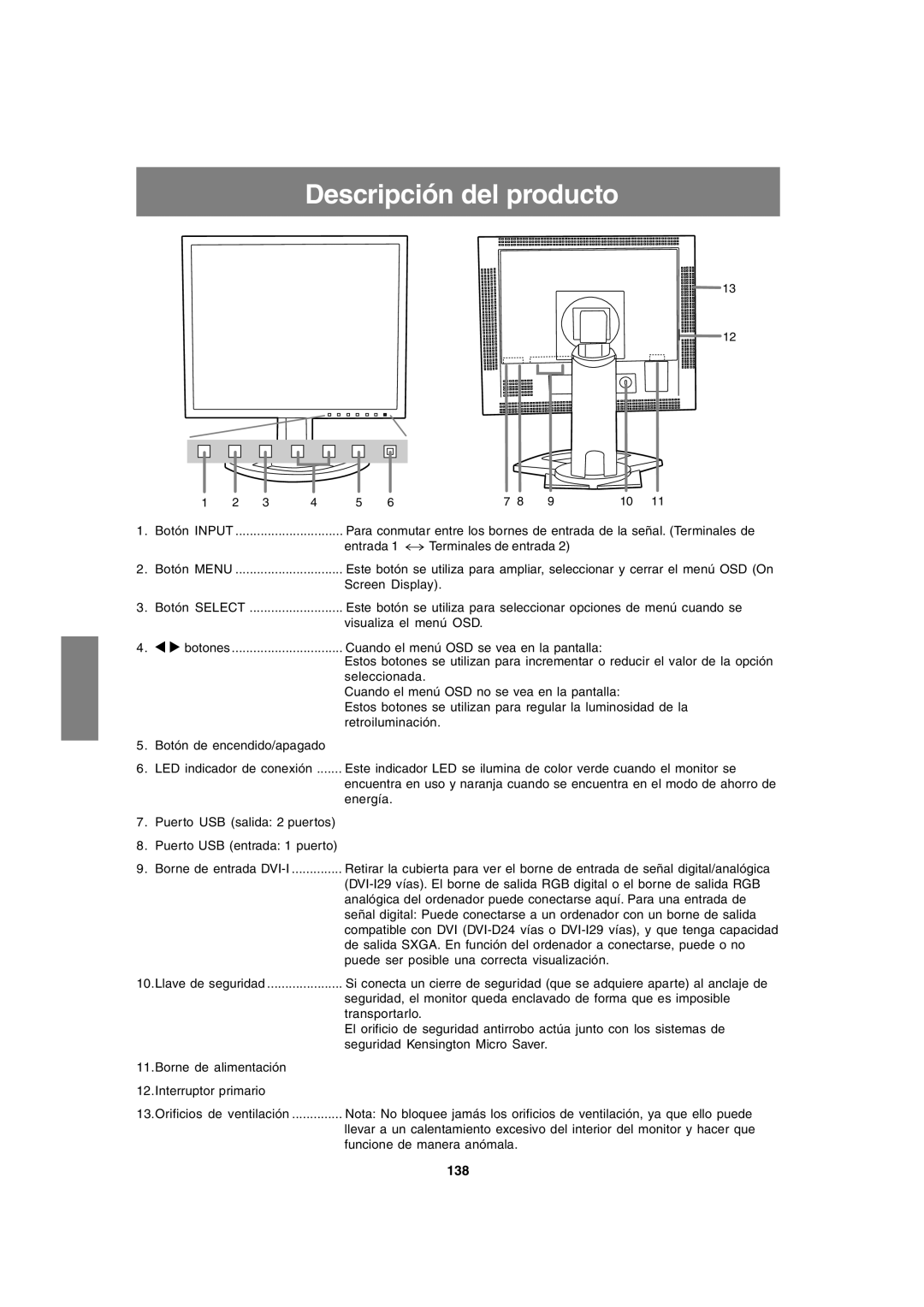 Sharp LL-T1820-B operation manual Descripción del producto, 138 