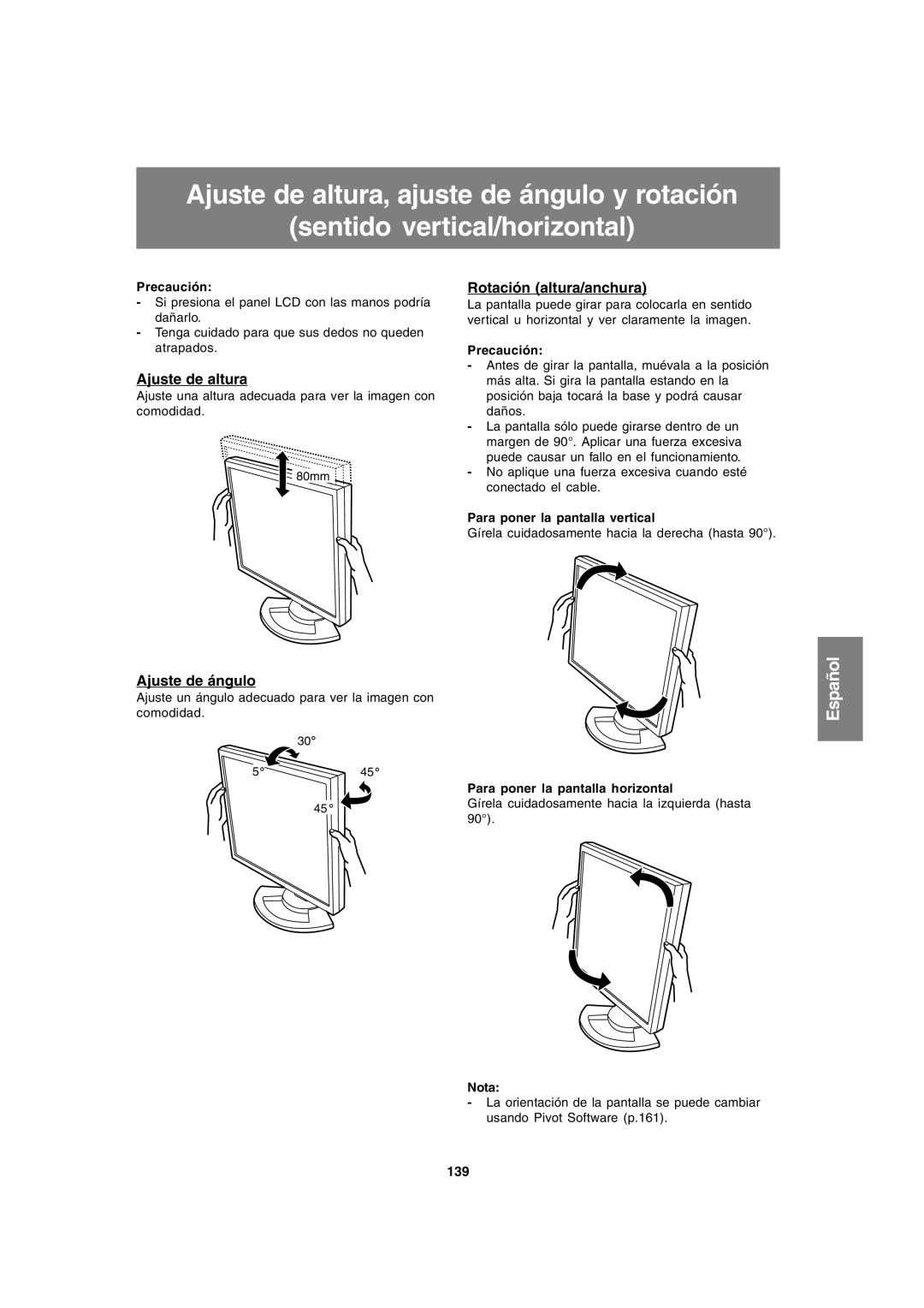 Sharp LL-T1820-B operation manual Ajuste de altura, Rotación altura/anchura, Ajuste de ángulo 