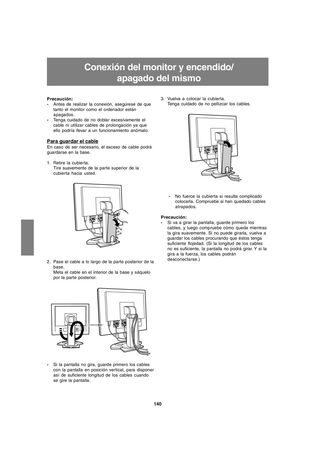 Sharp LL-T1820-B operation manual Conexión del monitor y encendido Apagado del mismo, Para guardar el cable, 140 