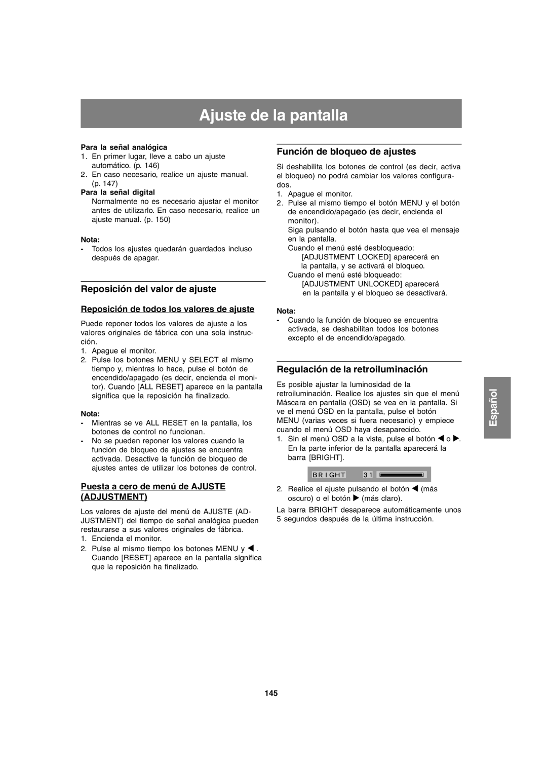 Sharp LL-T1820-B operation manual Ajuste de la pantalla, Reposición del valor de ajuste, Función de bloqueo de ajustes 