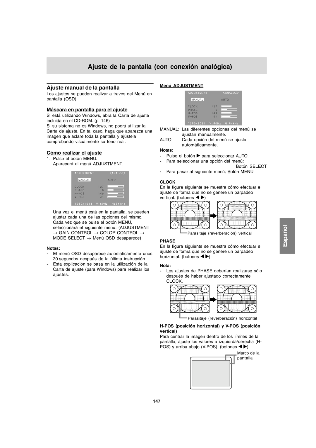 Sharp LL-T1820-B operation manual Ajuste de la pantalla con conexión analógica, Ajuste manual de la pantalla 