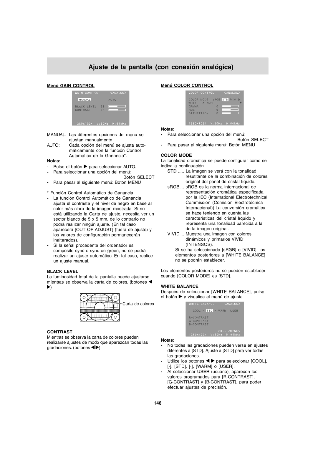 Sharp LL-T1820-B operation manual Menú Gain Control, Menú Color Control Notas, 148 