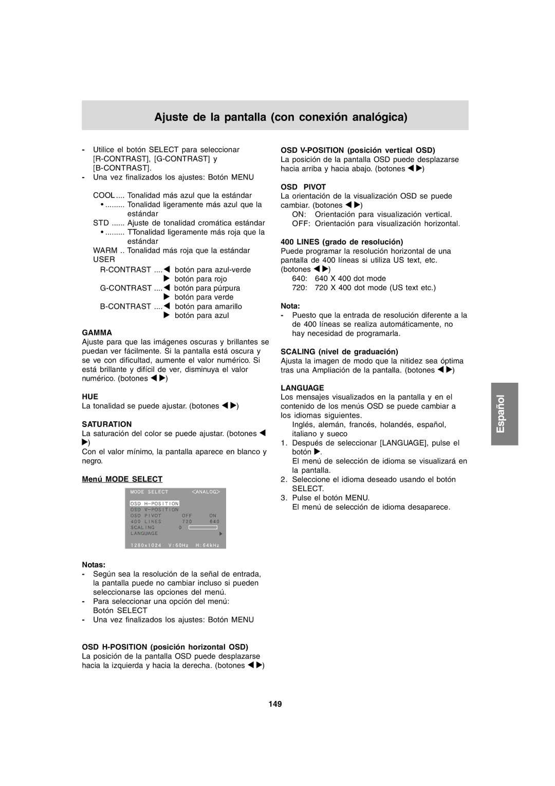 Sharp LL-T1820-B Menú Mode Select Notas, OSD H-POSITION posición horizontal OSD, OSD V-POSITION posición vertical OSD, 149 