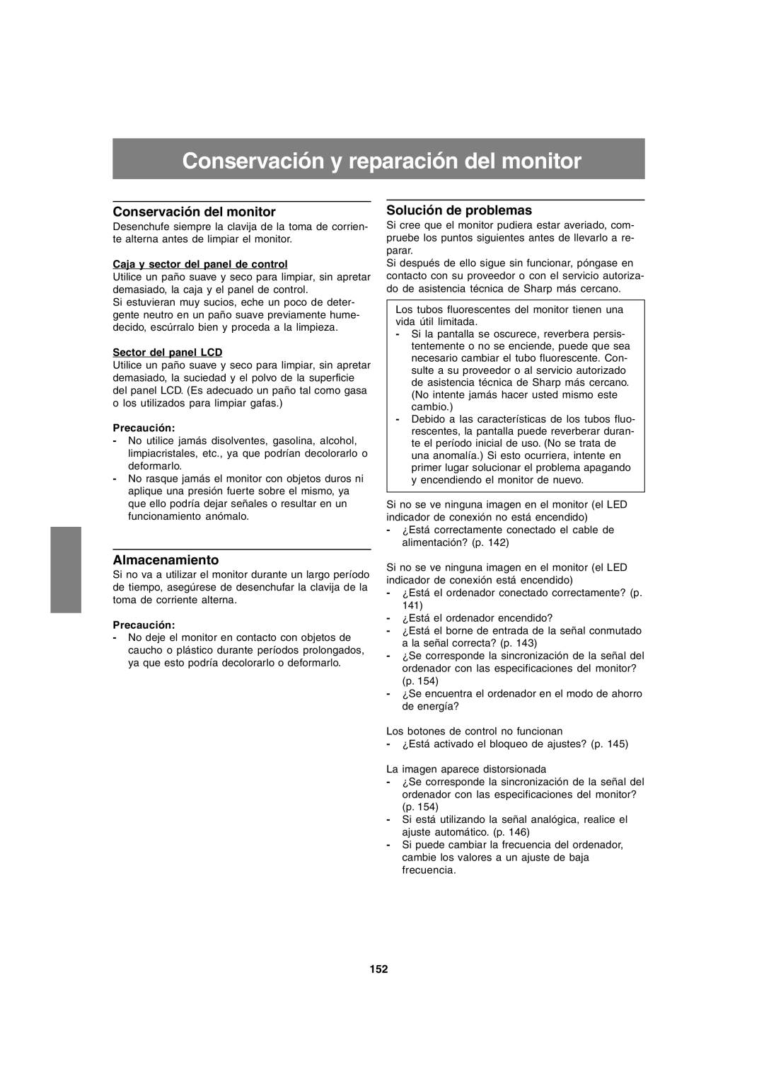 Sharp LL-T1820-B Conservación y reparación del monitor, Conservación del monitor, Almacenamiento, Solución de problemas 