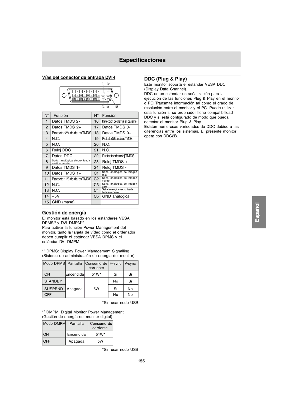 Sharp LL-T1820-B operation manual Gestión de energía, Vías del conector de entrada DVI-I, 155 