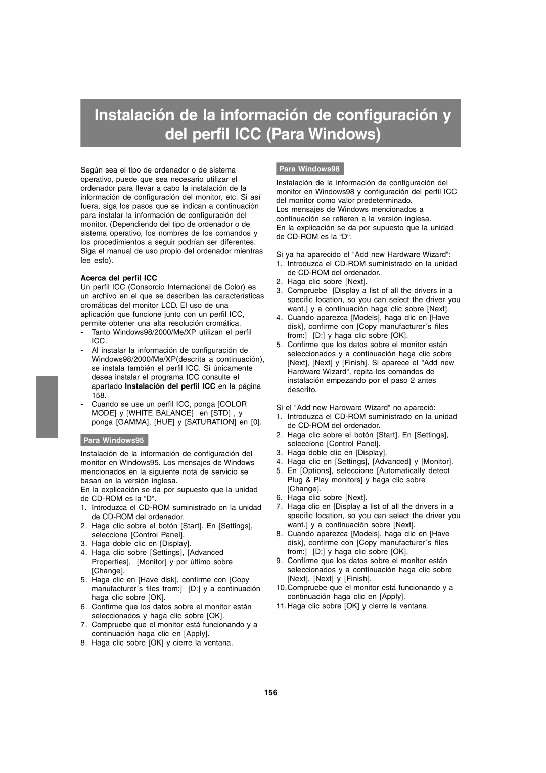 Sharp LL-T1820-B operation manual Acerca del perfil ICC, Para Windows95, Para Windows98, 156 