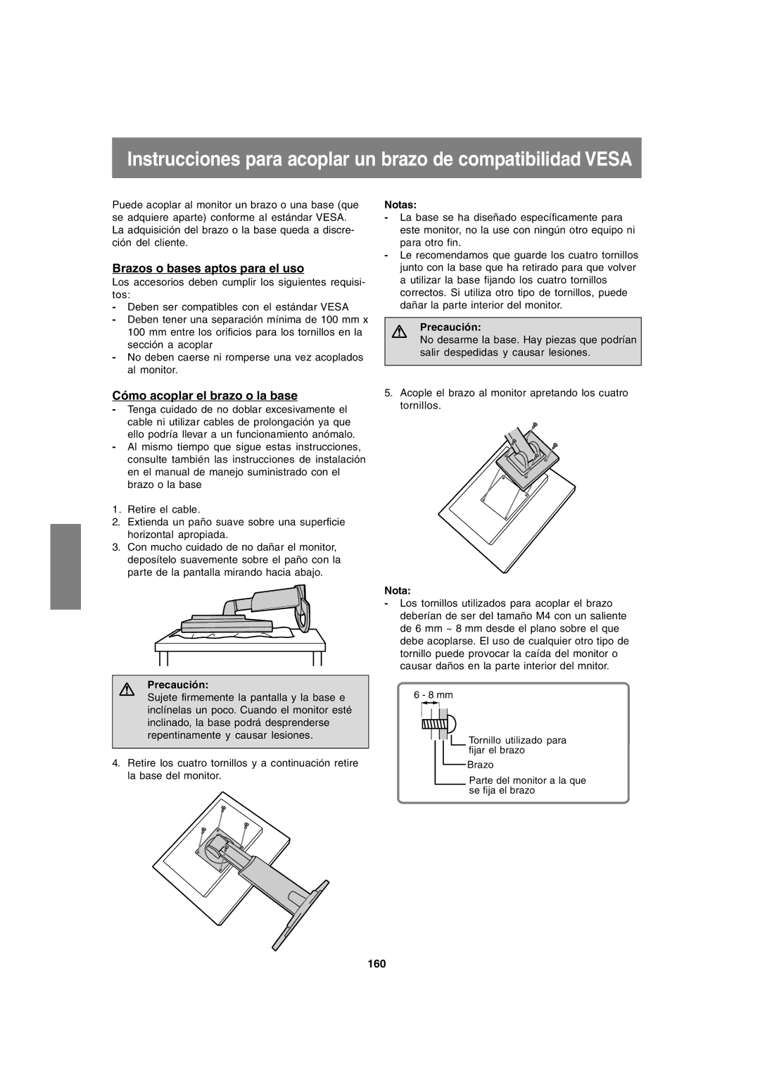 Sharp LL-T1820-B operation manual Brazos o bases aptos para el uso, Cómo acoplar el brazo o la base, 160 