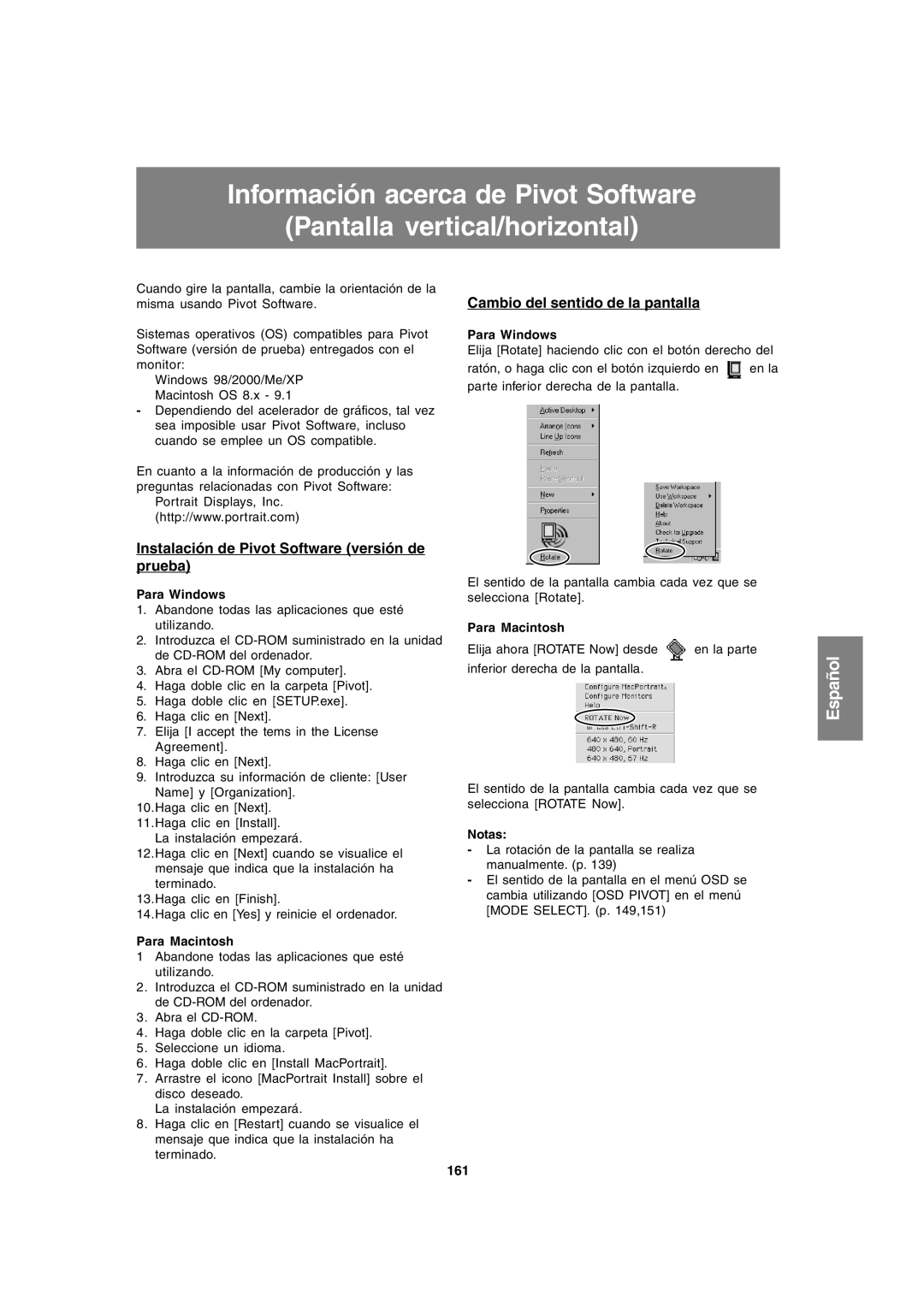 Sharp LL-T1820-B Instalación de Pivot Software versión de prueba, Cambio del sentido de la pantalla, Para Windows, 161 