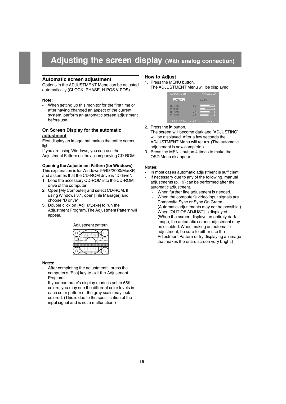 Sharp LL-T1820-B Adjusting the screen display With analog connection, Automatic screen adjustment, How to Adjust 