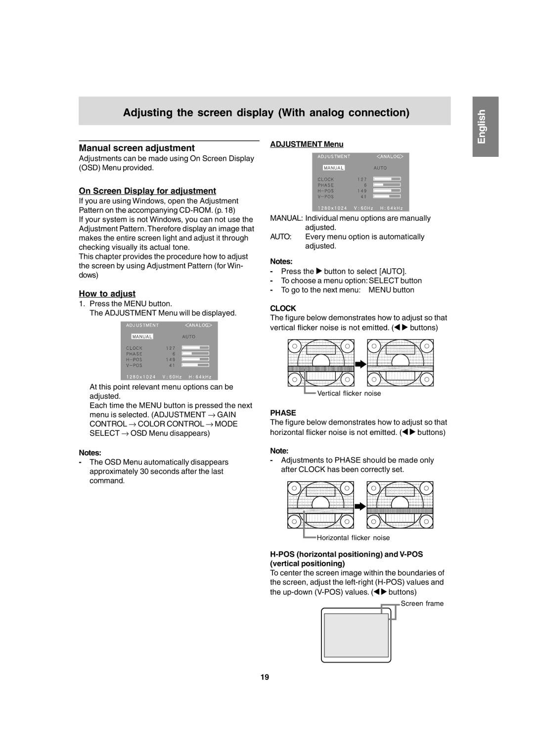 Sharp LL-T1820-B Adjusting the screen display With analog connection, Manual screen adjustment, Clock, Phase 