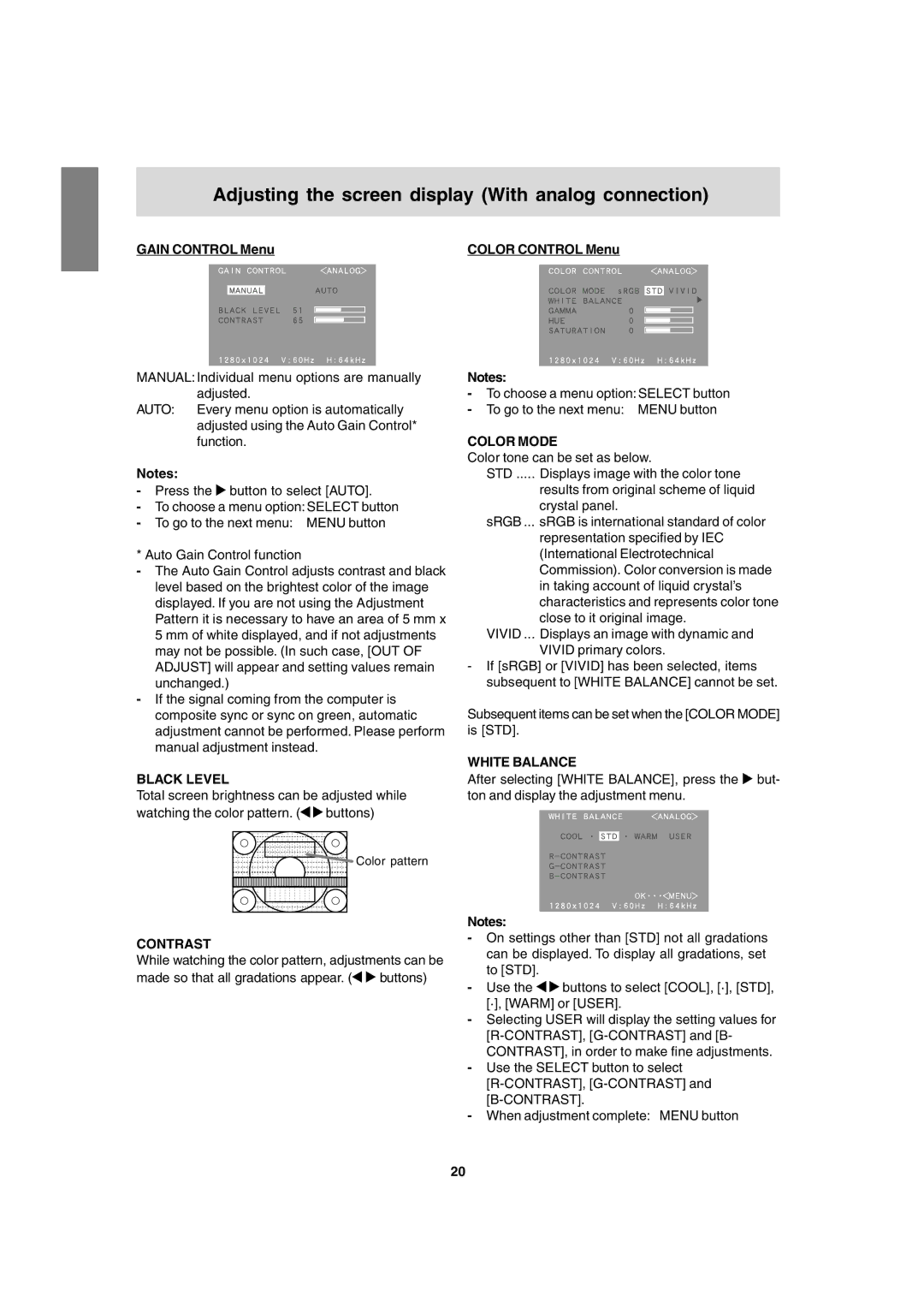 Sharp LL-T1820-B operation manual Black Level, Color Mode, White Balance, Contrast 