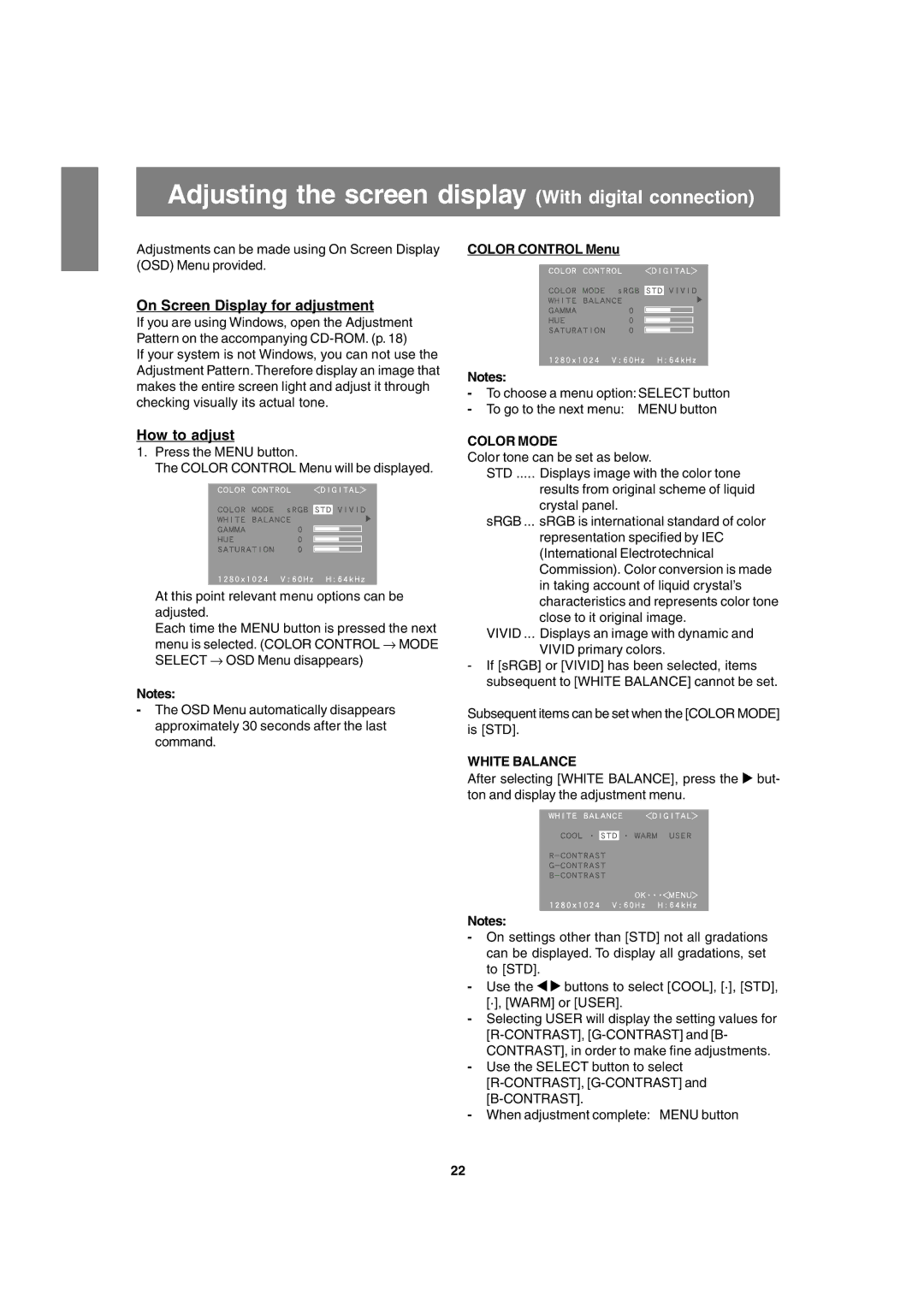 Sharp LL-T1820-B operation manual Adjusting the screen display With digital connection, On Screen Display for adjustment 