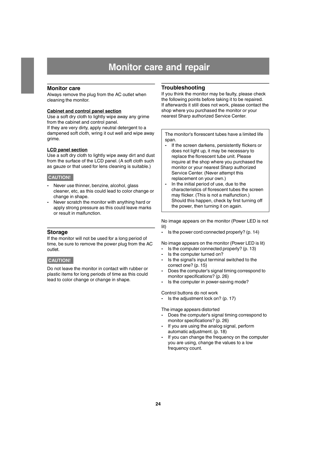 Sharp LL-T1820-B operation manual Monitor care and repair, Storage, Troubleshooting 