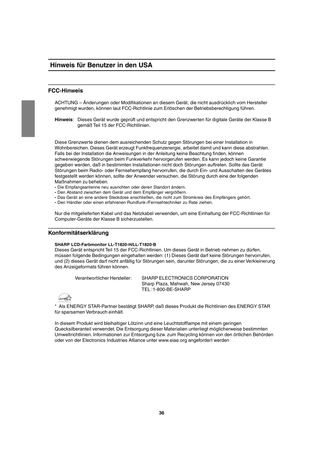 Sharp LL-T1820-B operation manual Hinweis für Benutzer in den USA, FCC-Hinweis, Konformitätserklärung 