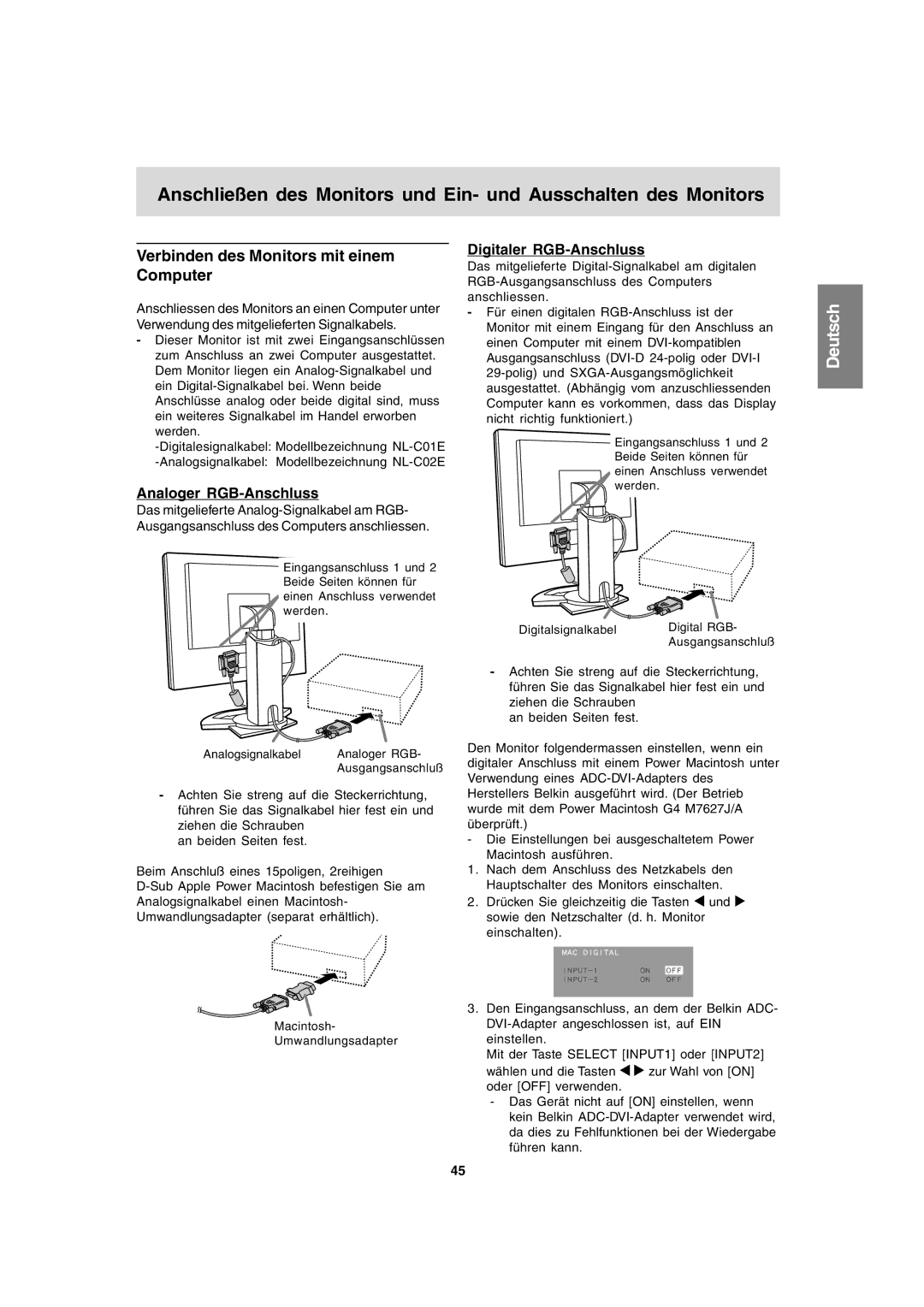 Sharp LL-T1820-B Verbinden des Monitors mit einem Computer, Analoger RGB-Anschluss, Digitaler RGB-Anschluss 