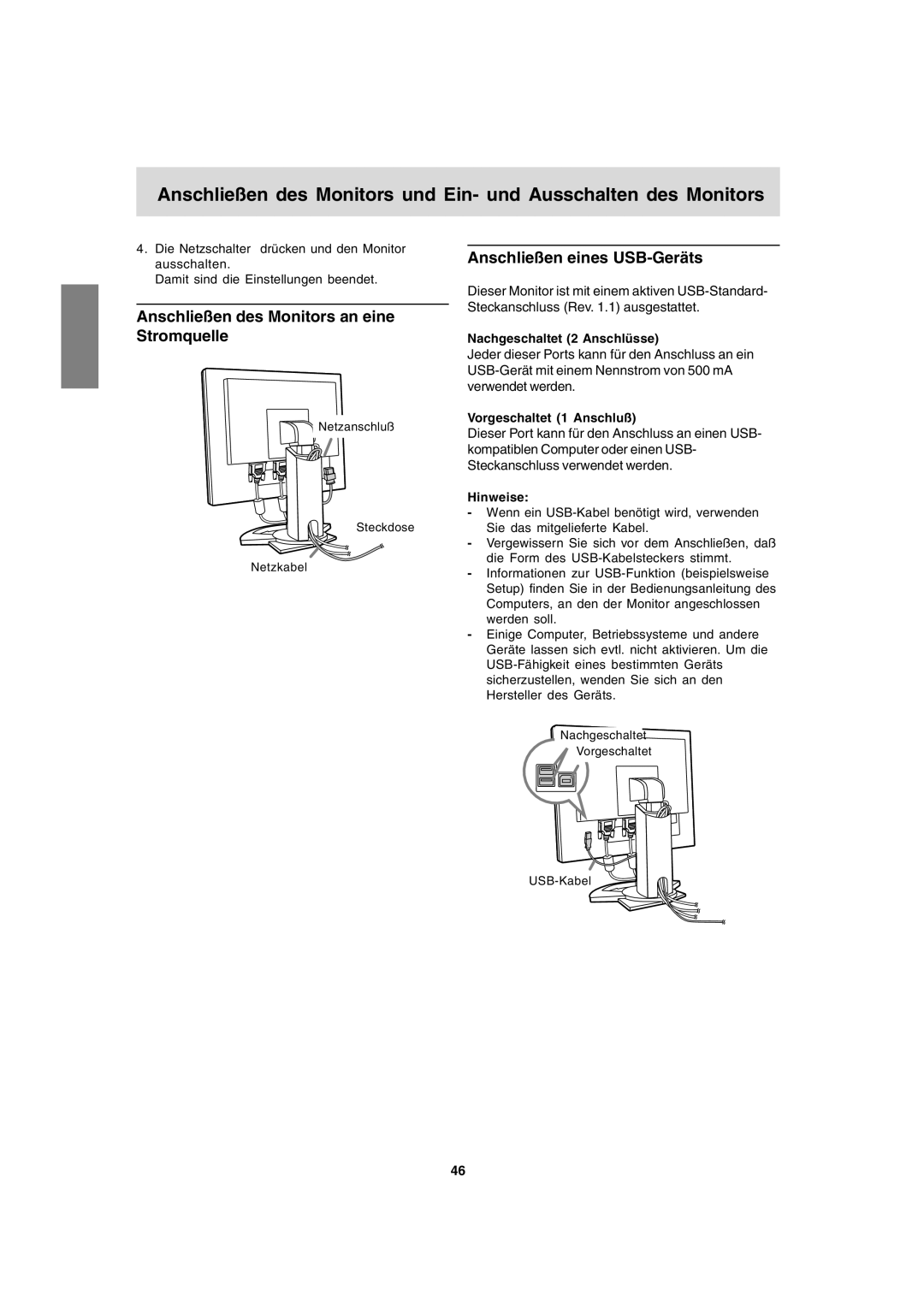 Sharp LL-T1820-B Anschließen des Monitors an eine Stromquelle, Anschließen eines USB-Geräts, Nachgeschaltet 2 Anschlüsse 