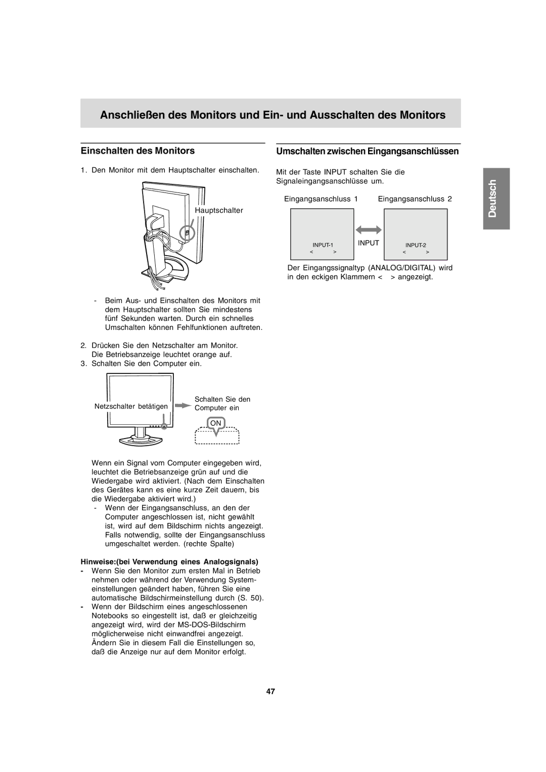 Sharp LL-T1820-B operation manual Einschalten des Monitors, Umschalten zwischen Eingangsanschlüssen 