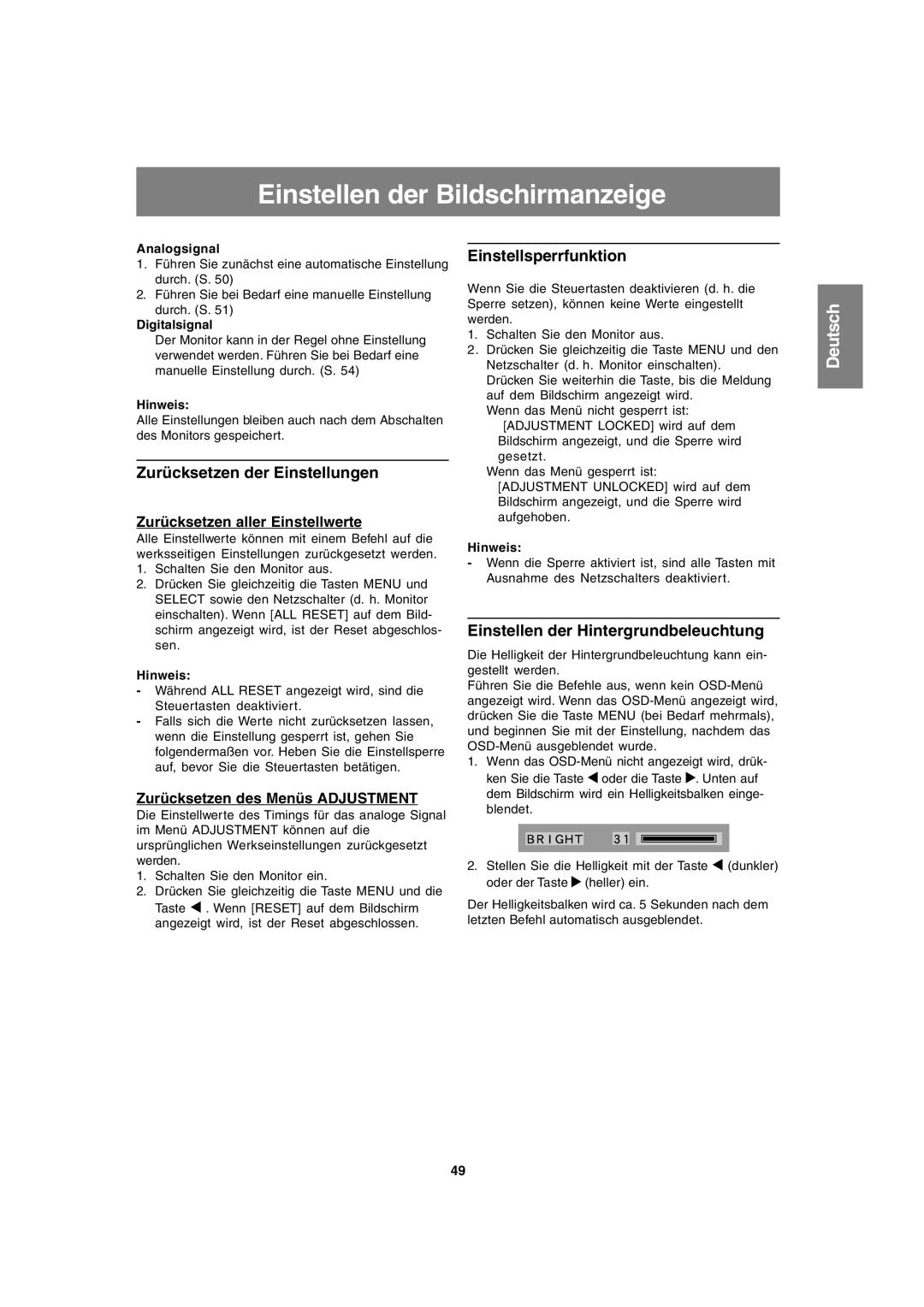 Sharp LL-T1820-B operation manual Einstellen der Bildschirmanzeige, Zurücksetzen der Einstellungen, Einstellsperrfunktion 