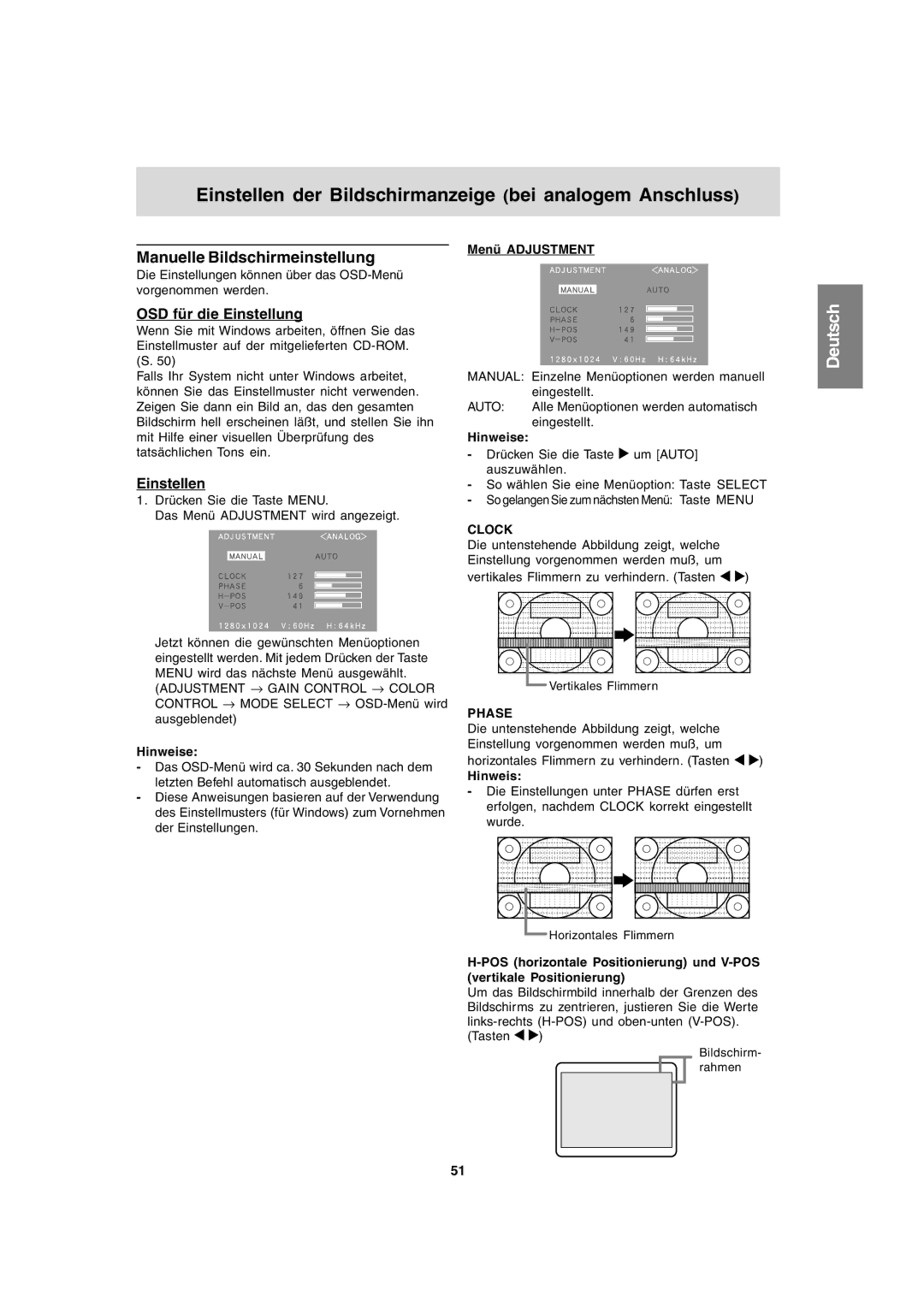 Sharp LL-T1820-B Einstellen der Bildschirmanzeige bei analogem Anschluss, Manuelle Bildschirmeinstellung, Menü Adjustment 