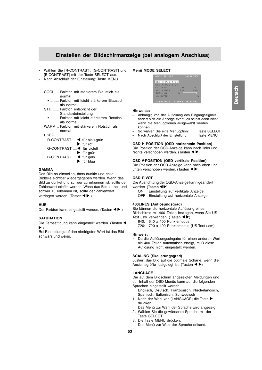 Sharp LL-T1820-B operation manual Menü Mode Select Hinweise, OSD V-POSITION OSD vertikale Position, 400LINES Auflösungsgrad 