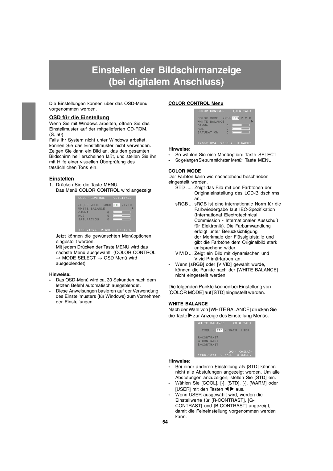 Sharp LL-T1820-B operation manual Einstellen der Bildschirmanzeige Bei digitalem Anschluss, Color Control Menu Hinweise 