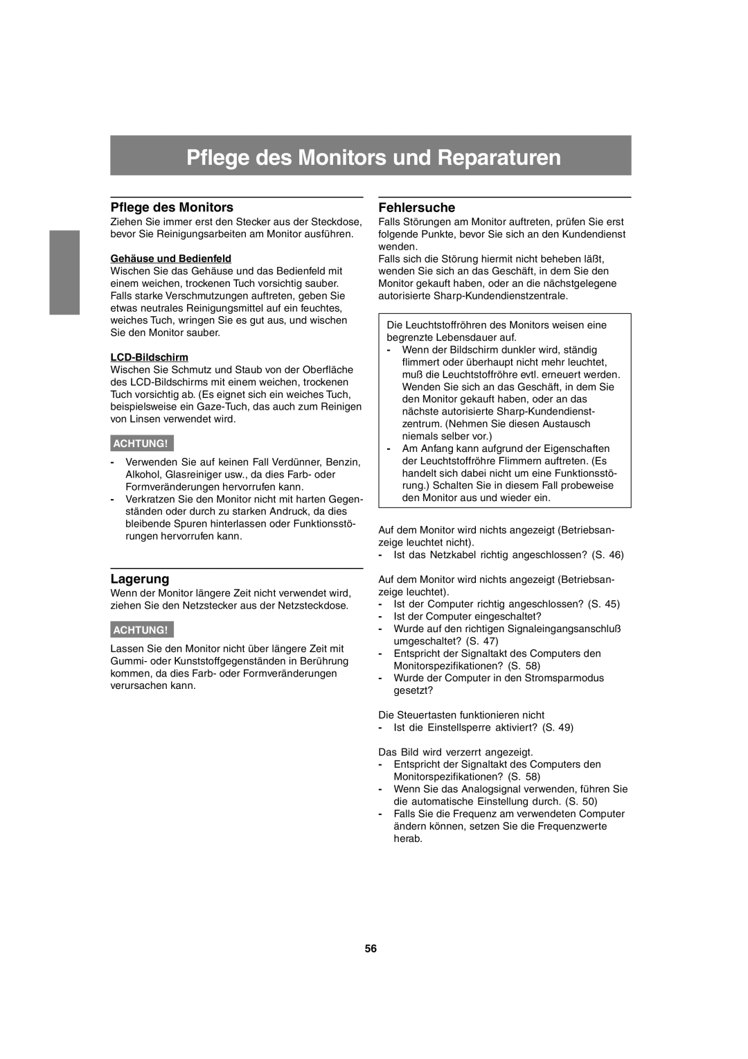 Sharp LL-T1820-B operation manual Pflege des Monitors und Reparaturen, Fehlersuche, Lagerung 