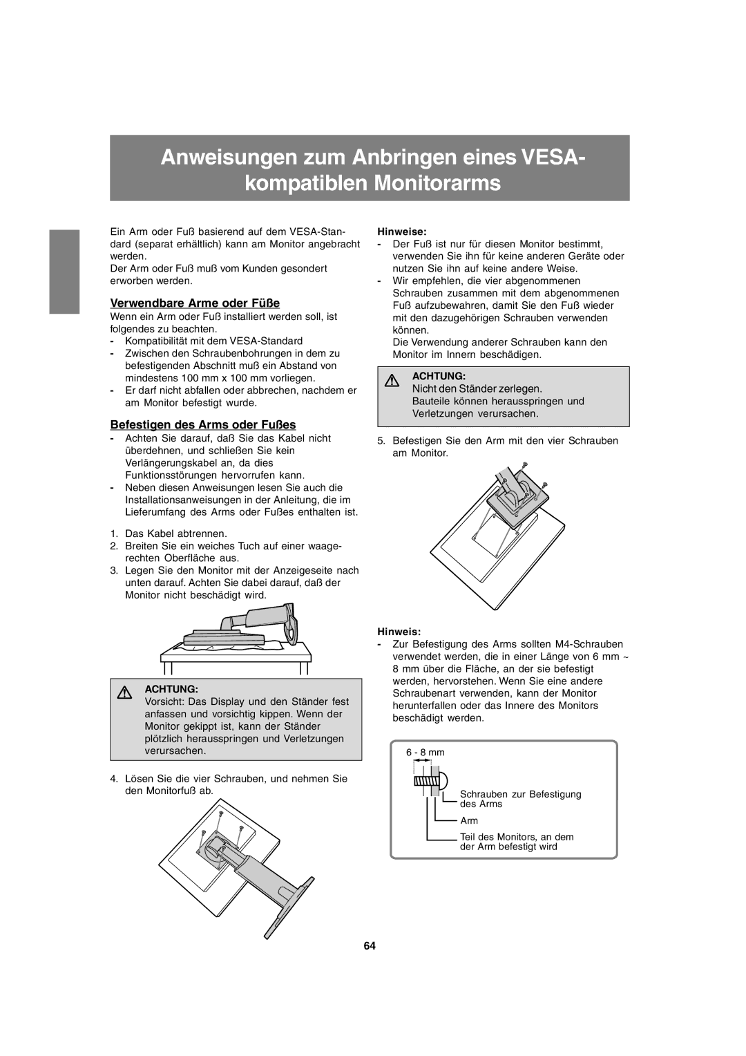 Sharp LL-T1820-B operation manual Verwendbare Arme oder Füße, Befestigen des Arms oder Fußes 