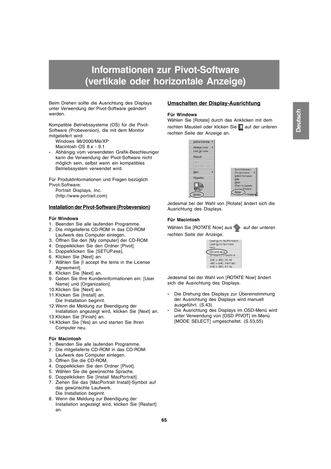 Sharp LL-T1820-B operation manual Umschalten der Display-Ausrichtung, Für Windows, Für Macintosh 