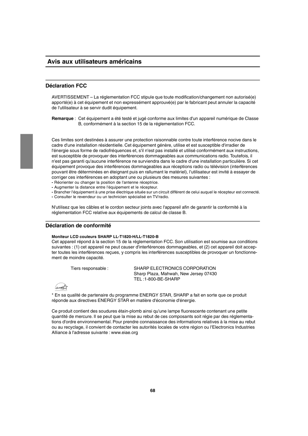 Sharp LL-T1820-B operation manual Avis aux utilisateurs américains, Déclaration FCC, Déclaration de conformité 