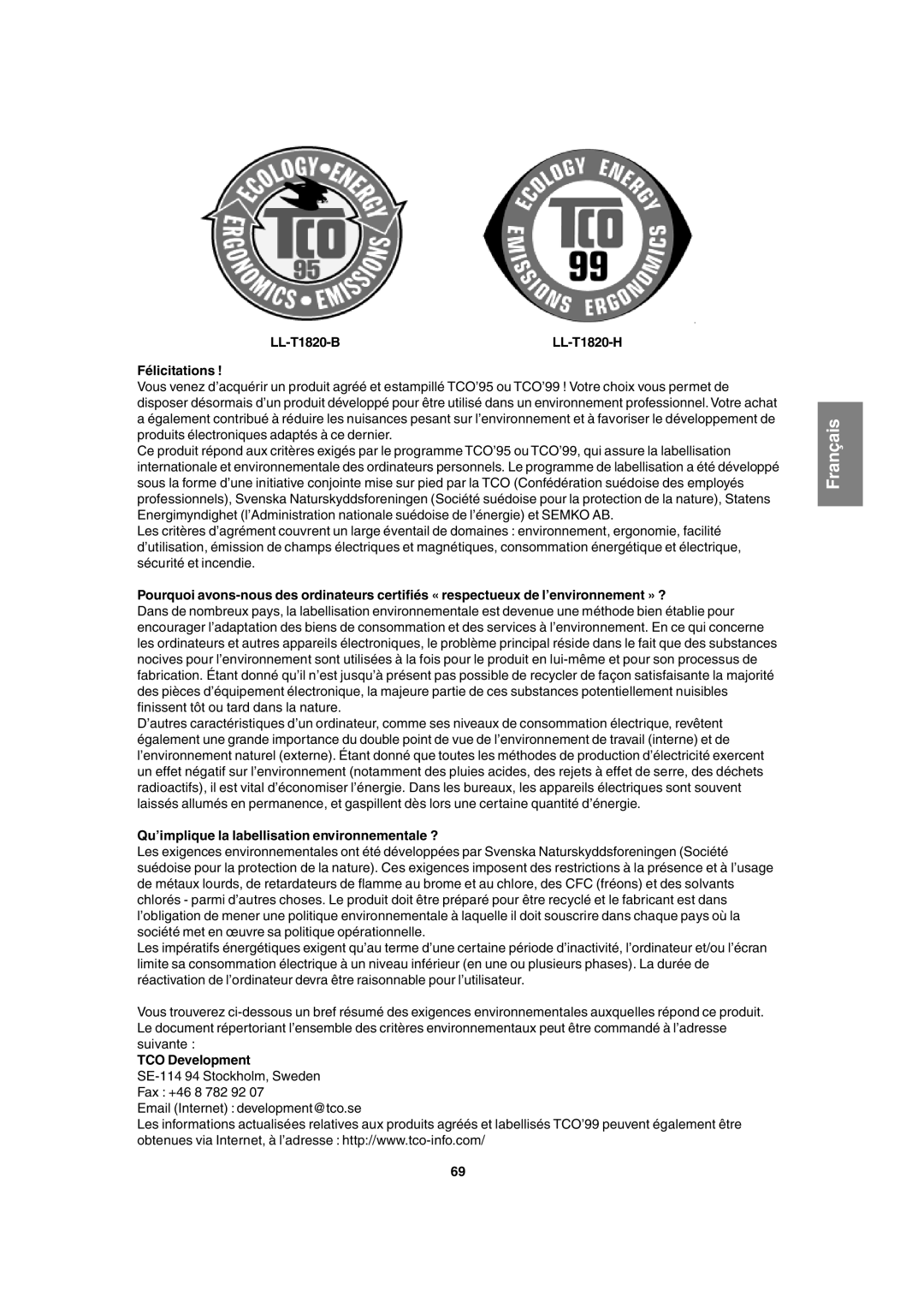 Sharp operation manual LL-T1820-B LL-T1820-H Félicitations, Qu’implique la labellisation environnementale ? 