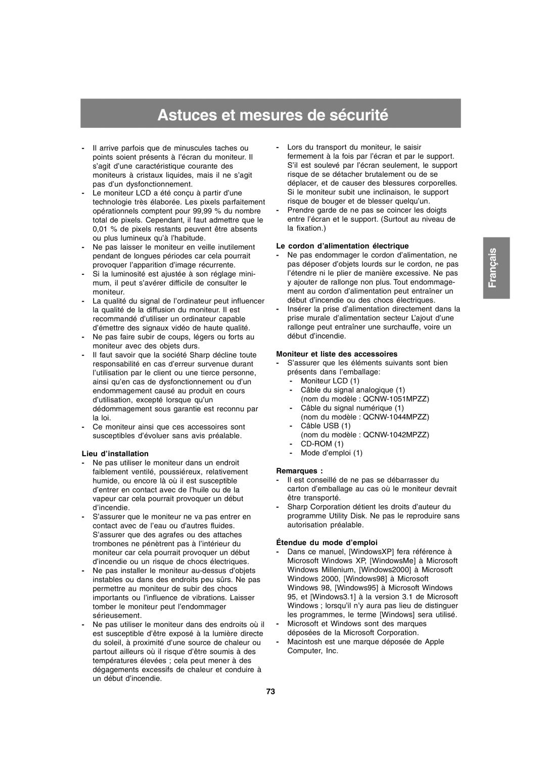 Sharp LL-T1820-B operation manual Astuces et mesures de sécurité 