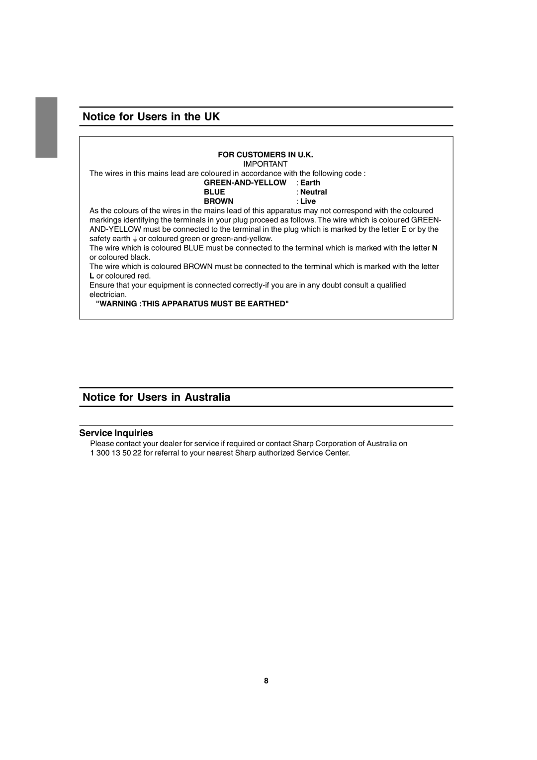 Sharp LL-T1820-B operation manual Service Inquiries, For Customers in U.K, Blue, Brown 