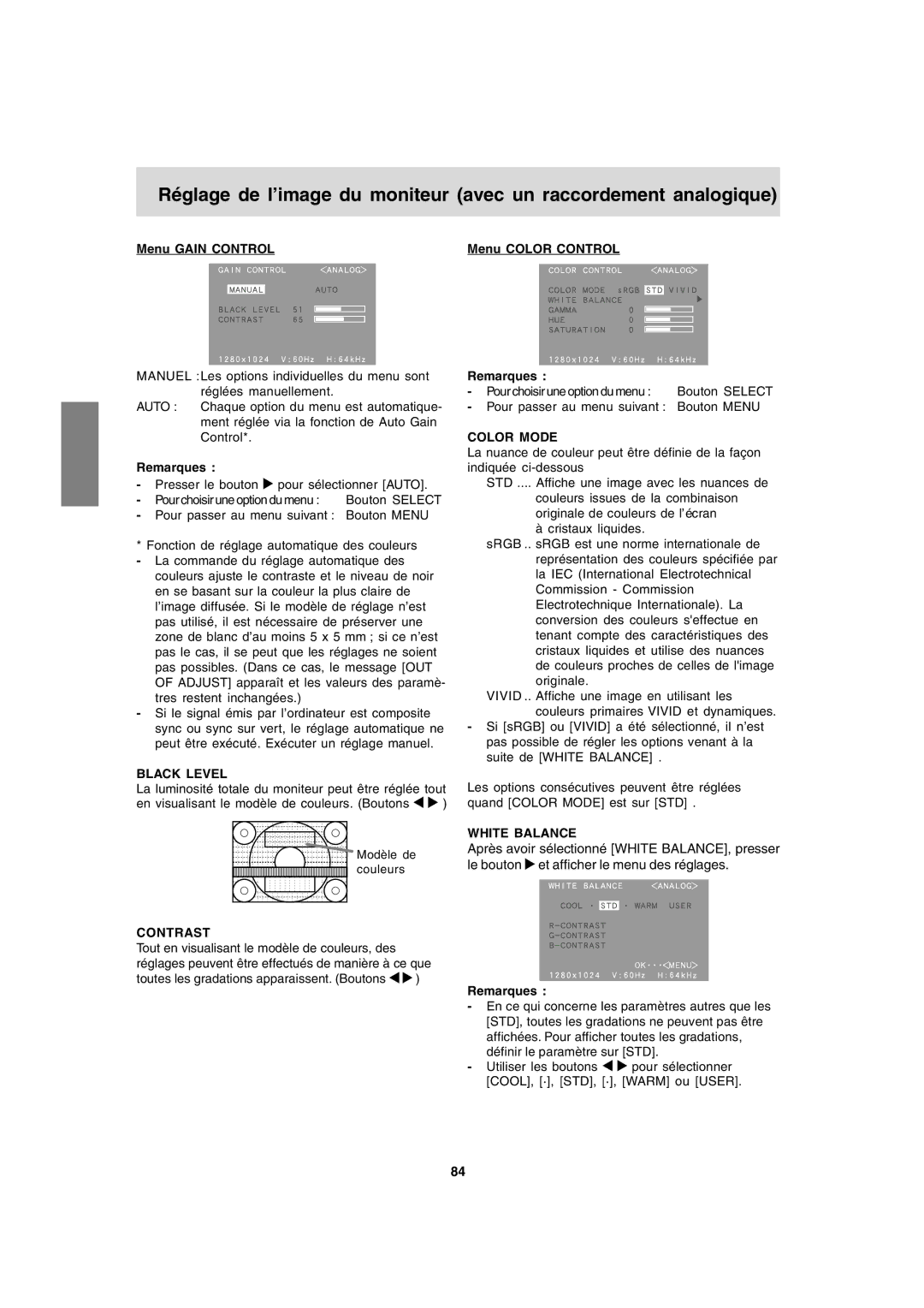 Sharp LL-T1820-B operation manual Menu Gain Control Menu Color Control, Black Level 