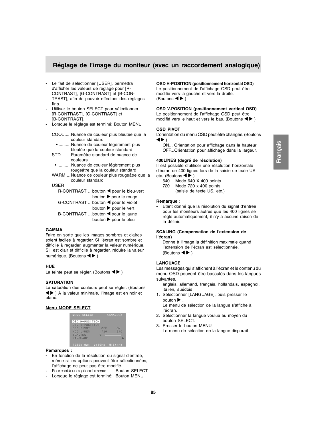 Sharp LL-T1820-B Menu Mode Select Remarques, 400LINES degré de résolution, Scaling Compensation de lextension de lécran 