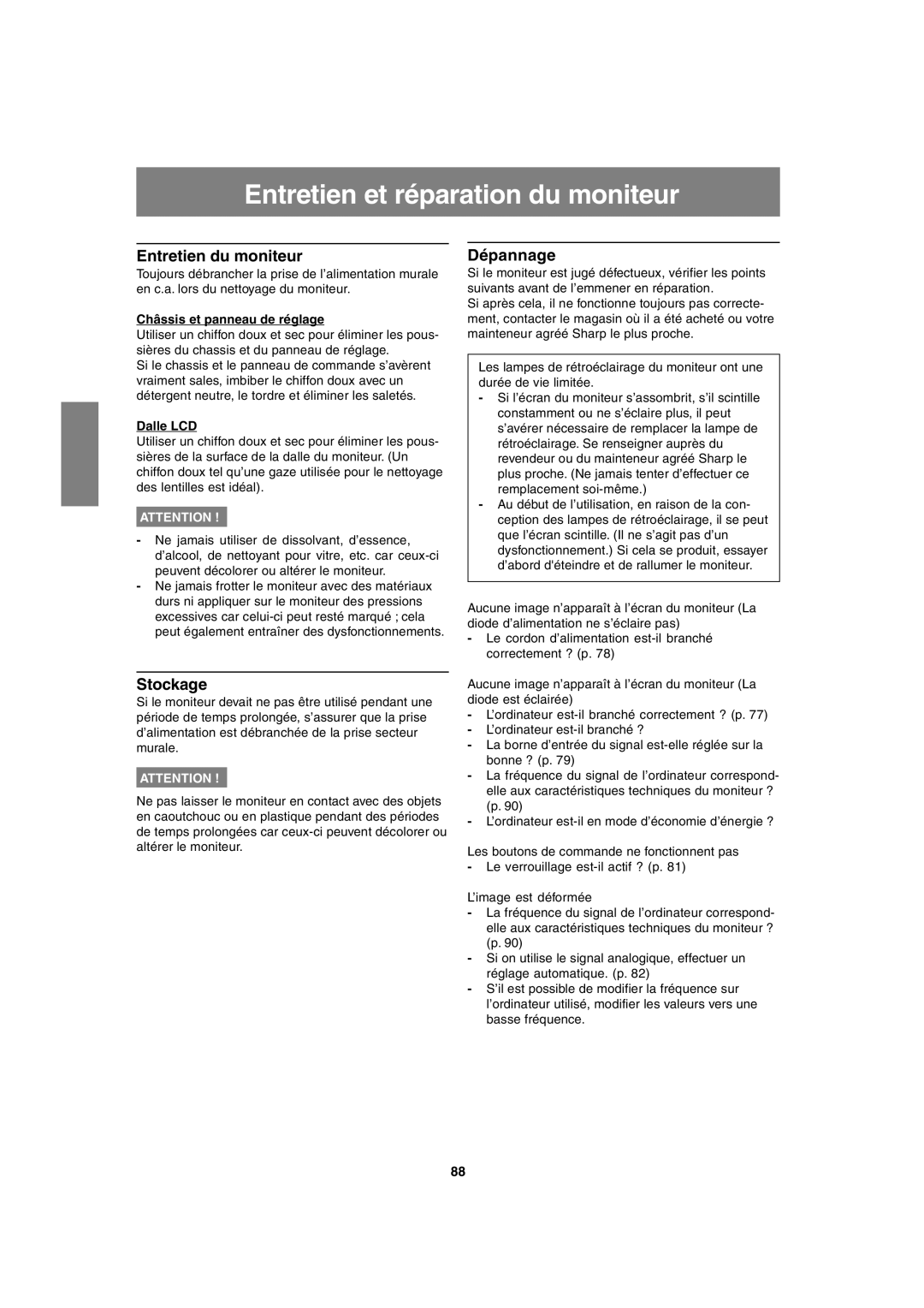 Sharp LL-T1820-B operation manual Entretien et réparation du moniteur, Entretien du moniteur, Dépannage, Stockage 