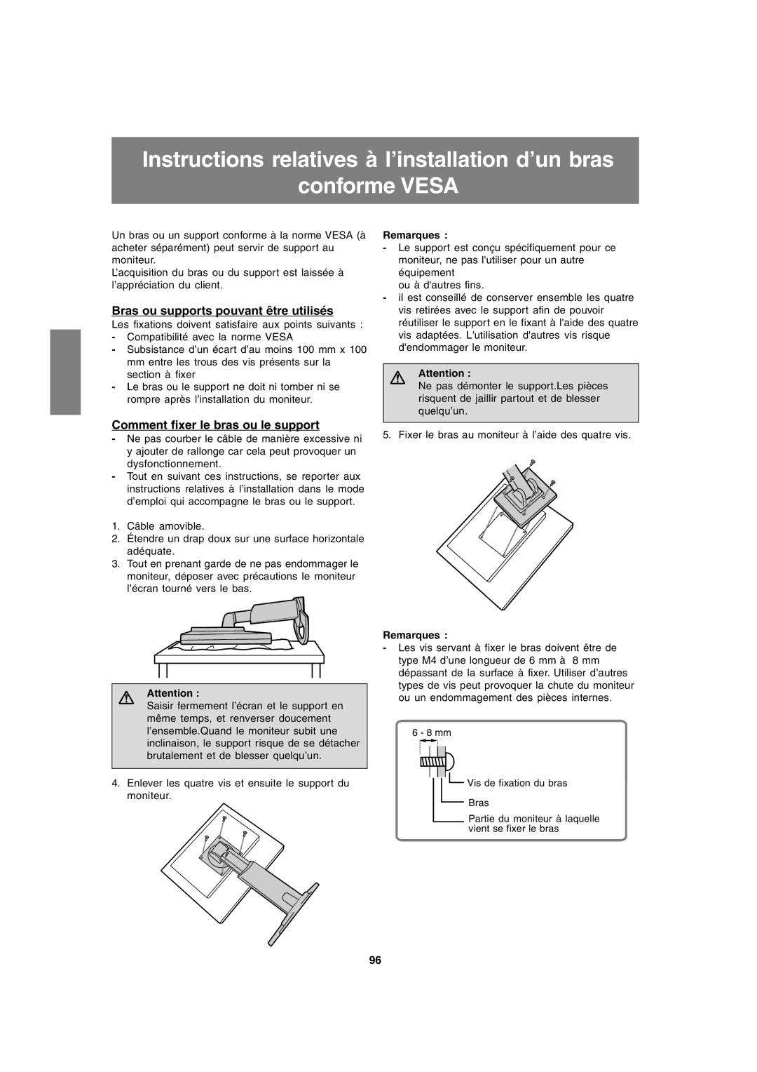 Sharp LL-T1820-B operation manual Bras ou supports pouvant être utilisés, Comment fixer le bras ou le support 