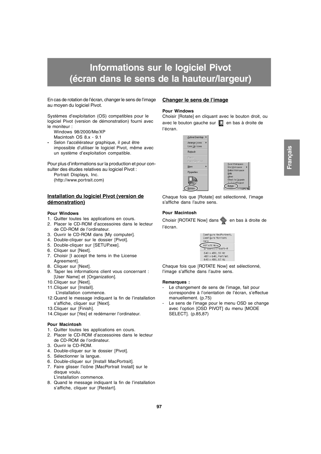 Sharp LL-T1820-B Installation du logiciel Pivot version de démonstration, Changer le sens de l’image, Pour Windows 