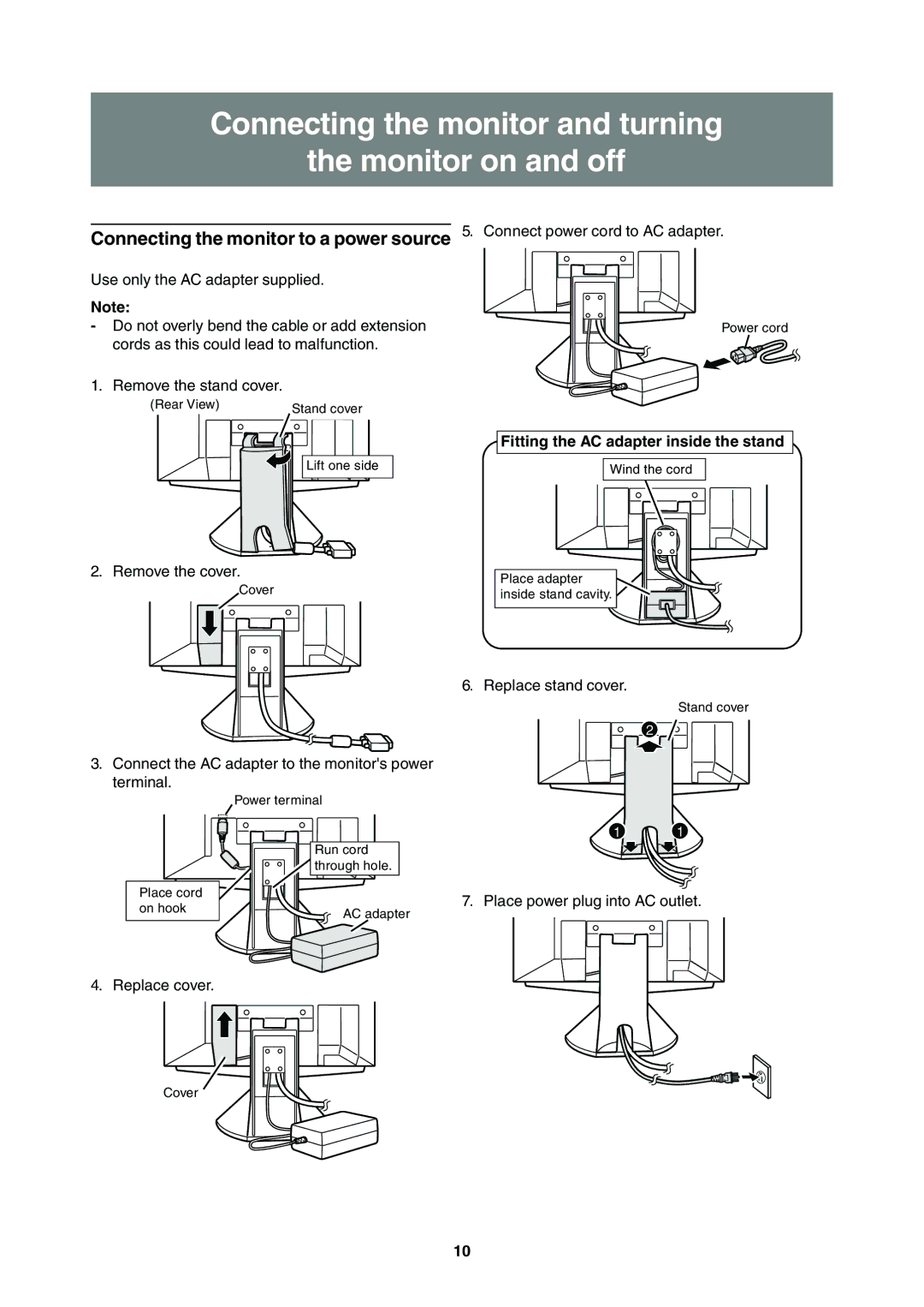 Sharp LL-T2000A Connecting the monitor and turning Monitor on and off, Fitting the AC adapter inside the stand 