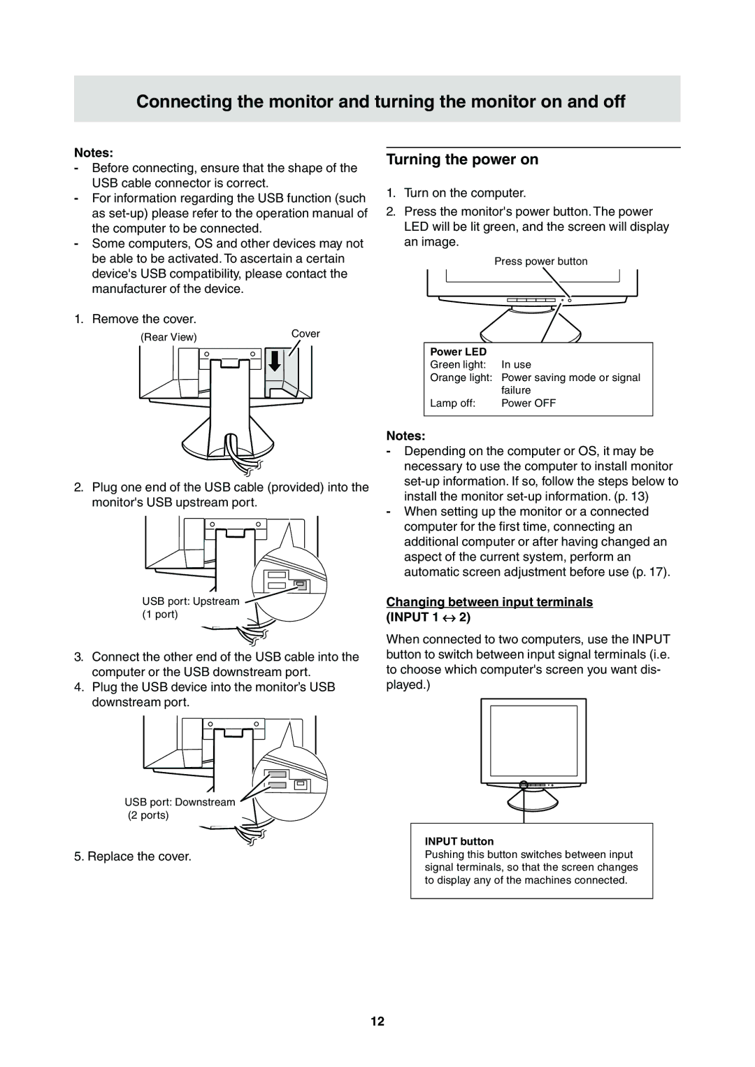 Sharp LL-T2000A operation manual Turning the power on, Changing between input terminals Input 1 ↔ 