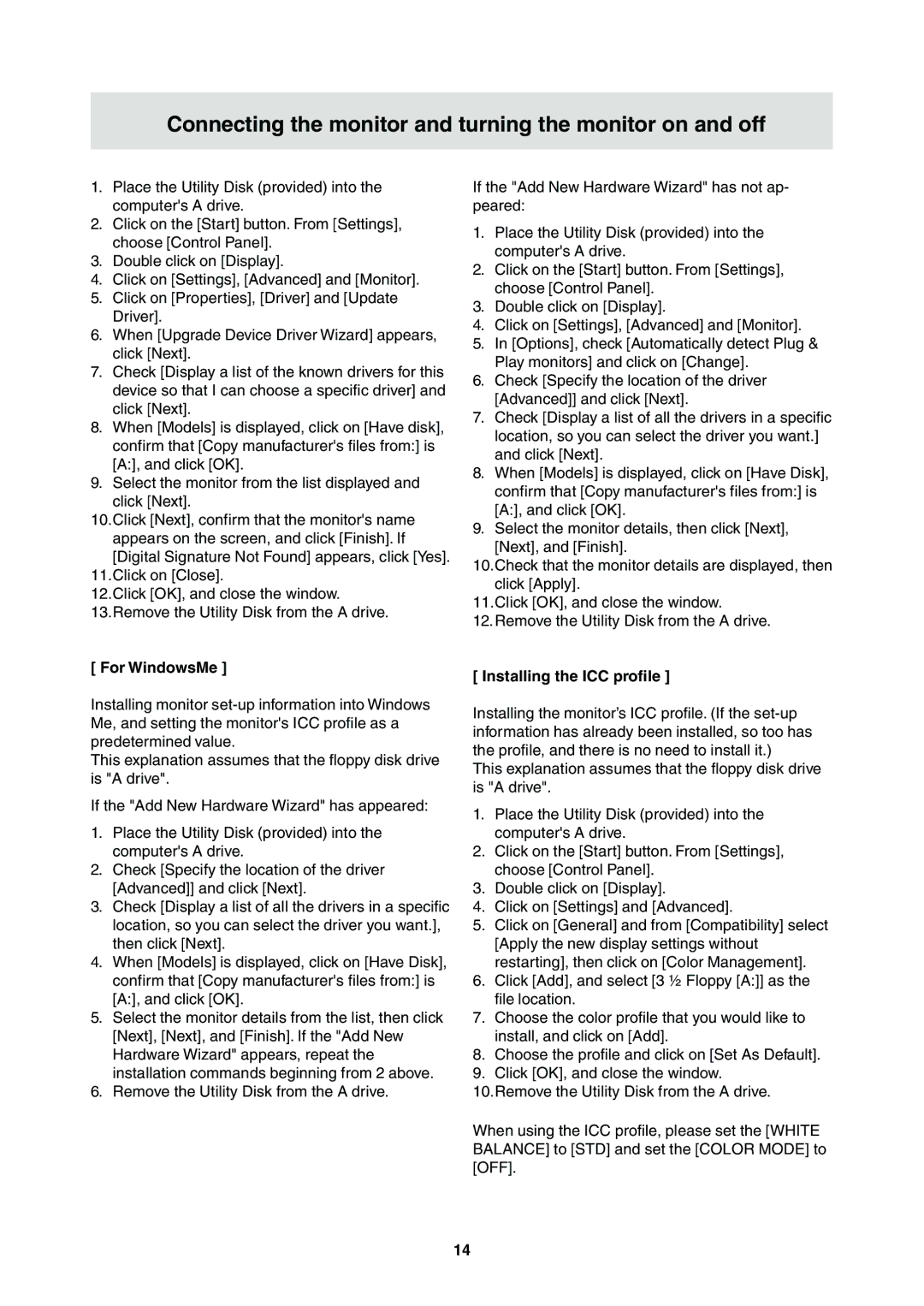 Sharp LL-T2000A operation manual For WindowsMe, Installing the ICC profile 