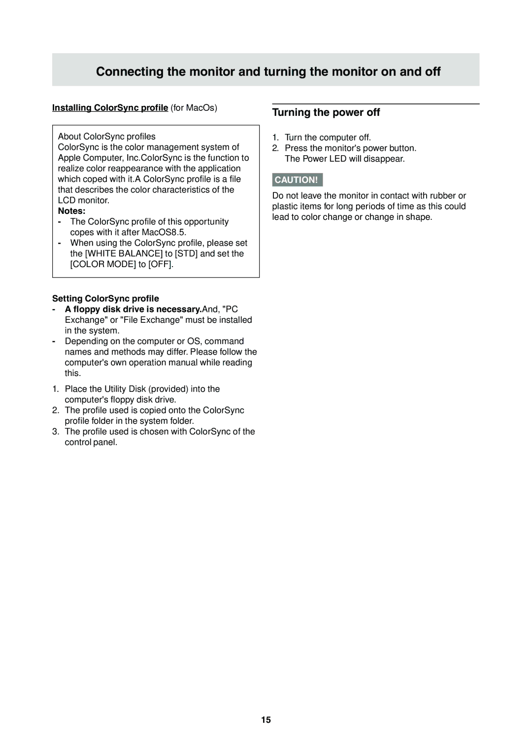 Sharp LL-T2000A operation manual Turning the power off, Installing ColorSync profile for MacOs 