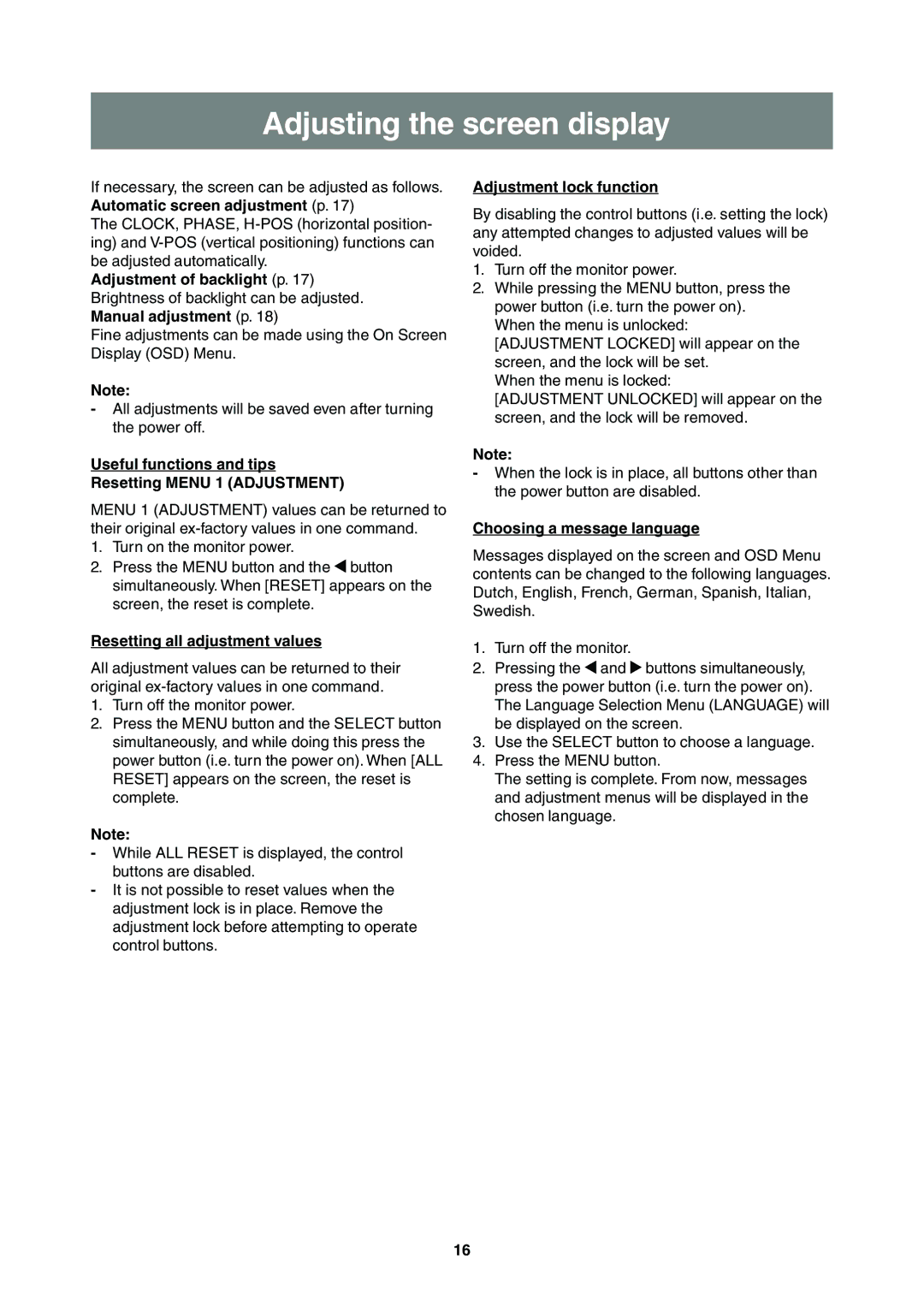 Sharp LL-T2000A operation manual Adjusting the screen display, Useful functions and tips Resetting Menu 1 Adjustment 