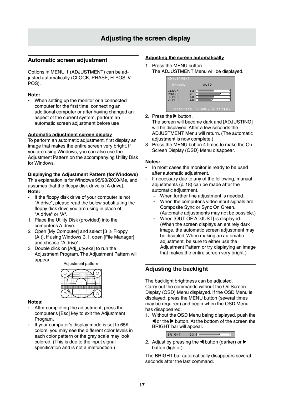 Sharp LL-T2000A operation manual Automatic screen adjustment, Adjusting the backlight, Automatic adjustment screen display 