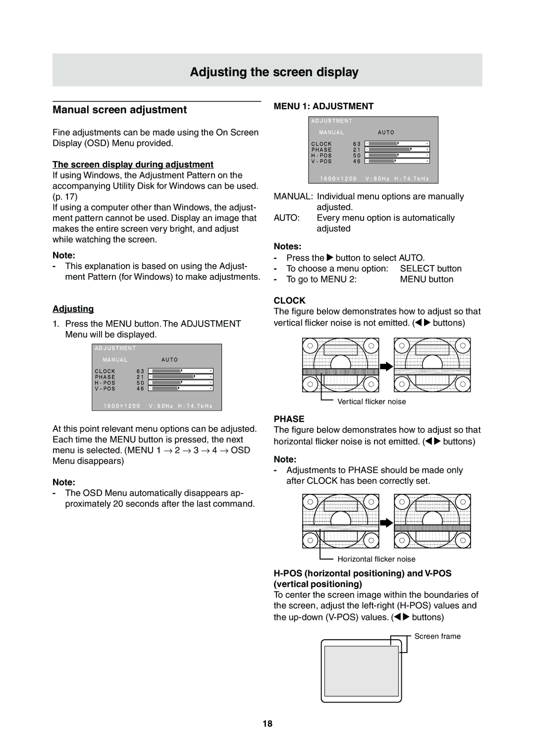 Sharp LL-T2000A operation manual Manual screen adjustment, Menu 1 Adjustment, Clock, Phase 