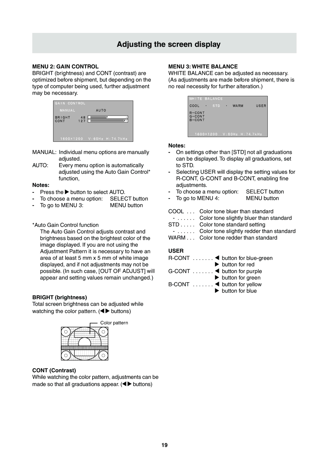 Sharp LL-T2000A operation manual Menu 2 Gain Control, Bright brightness, Menu 3 White Balance, User, Contrast 