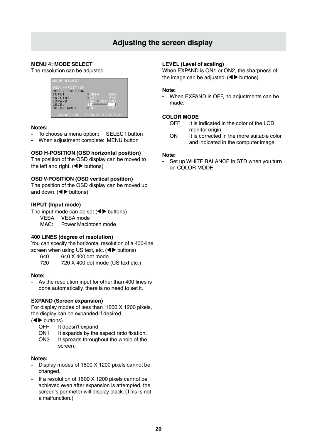 Sharp LL-T2000A operation manual Menu 4 Mode Select, Color Mode 