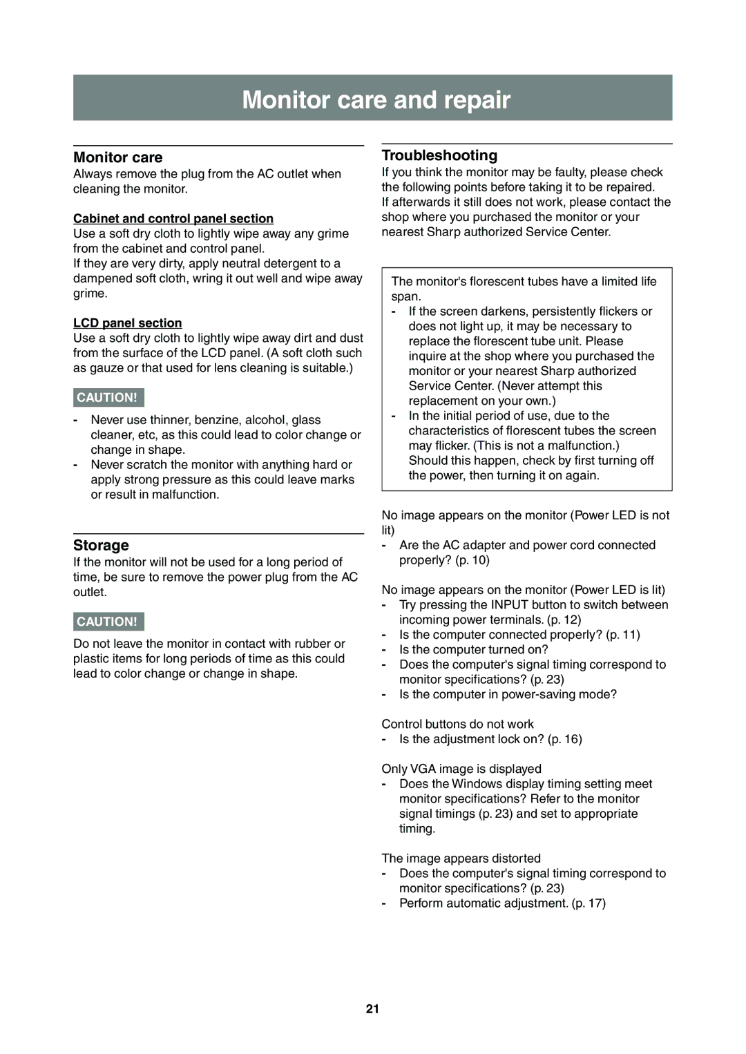 Sharp LL-T2000A operation manual Monitor care and repair, Storage, Troubleshooting 