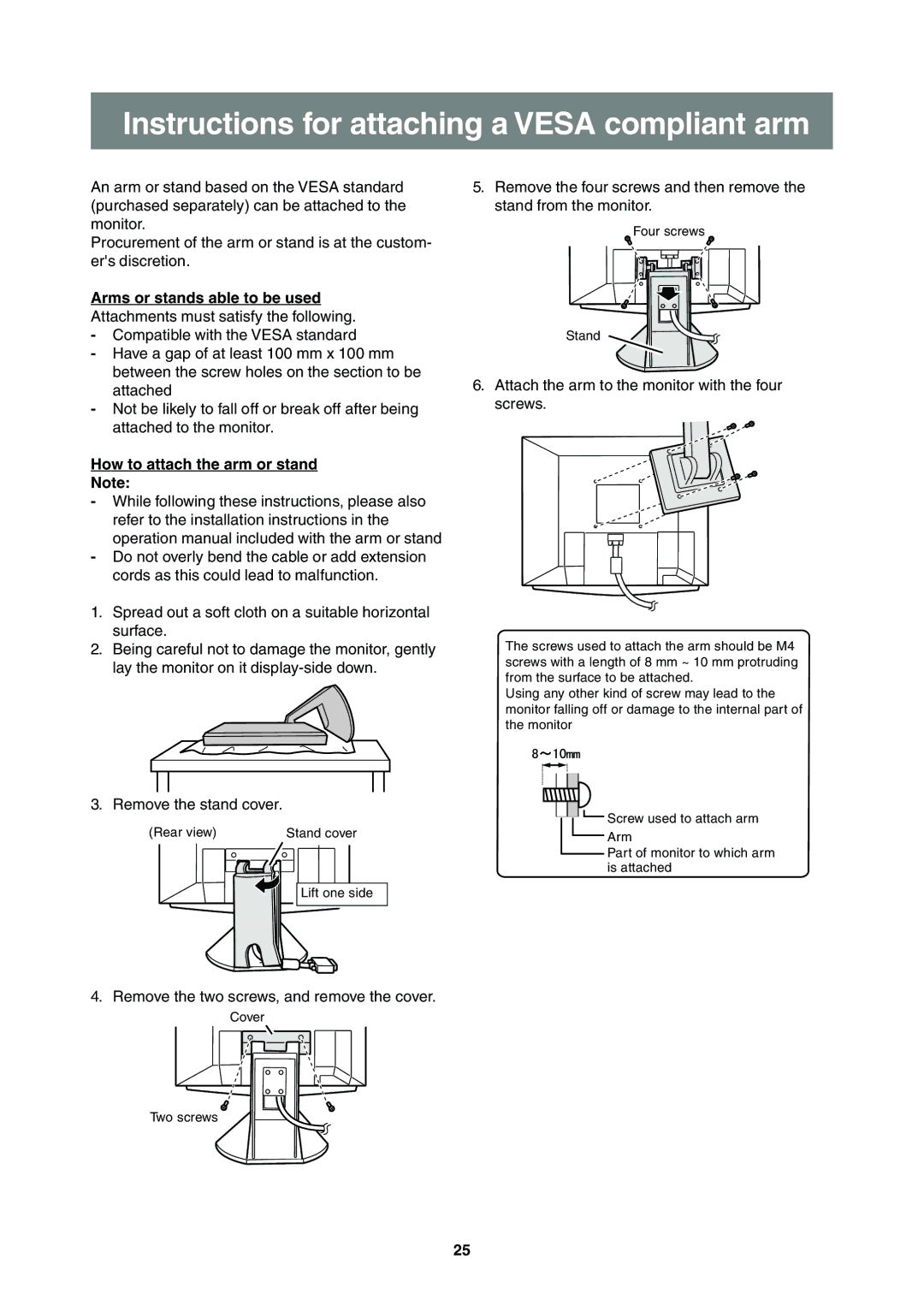 Sharp LL-T2000A operation manual Instructions for attaching a Vesa compliant arm, How to attach the arm or stand 